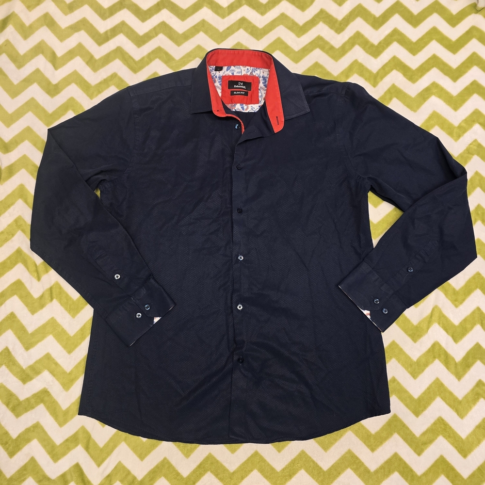 EM Emmanuel Men's Navy Blue Dress Shirt with Red Accents Large